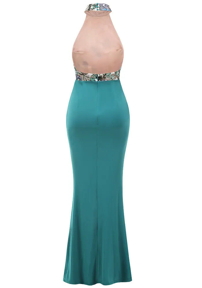 Halter Floral Sequin Embroidered Maxi Dress Green