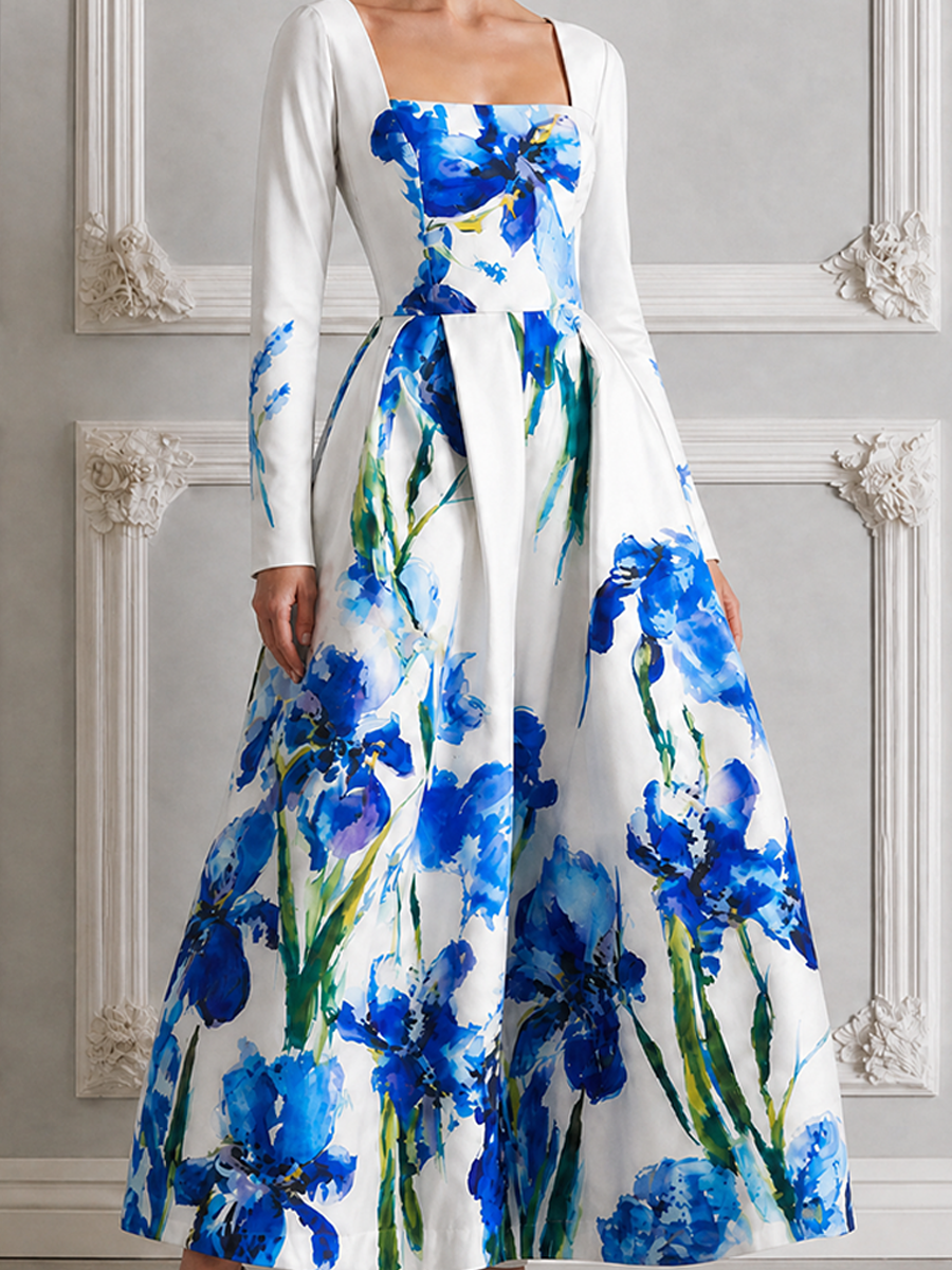 White Watercolor Blue Iris Print Square Neck Long Sleeve A-Line Maxi Dress