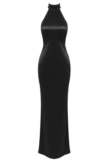 Halter Pearl Detail Backless Maxi Dress Black