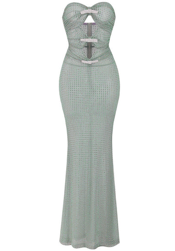 Strapless Crystal Bow Sparkly Maxi Dress Green