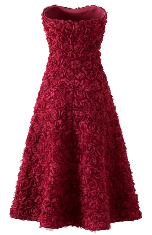 Strapless Floral A Line Midi Dress Red