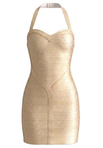 Halter Woodgrain Foil Print Dress Gold