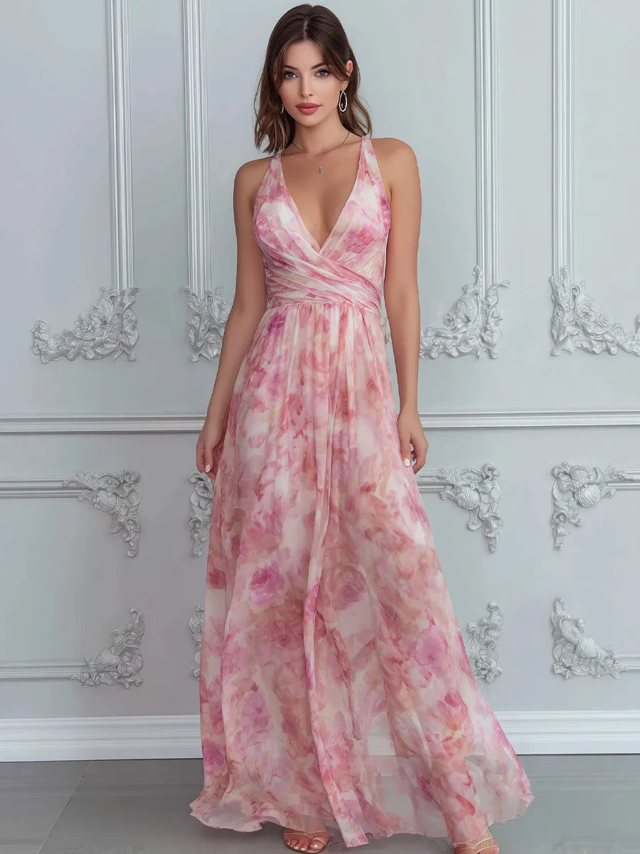 Watercolor Floral Halter Neck Flowing Maxi Dress