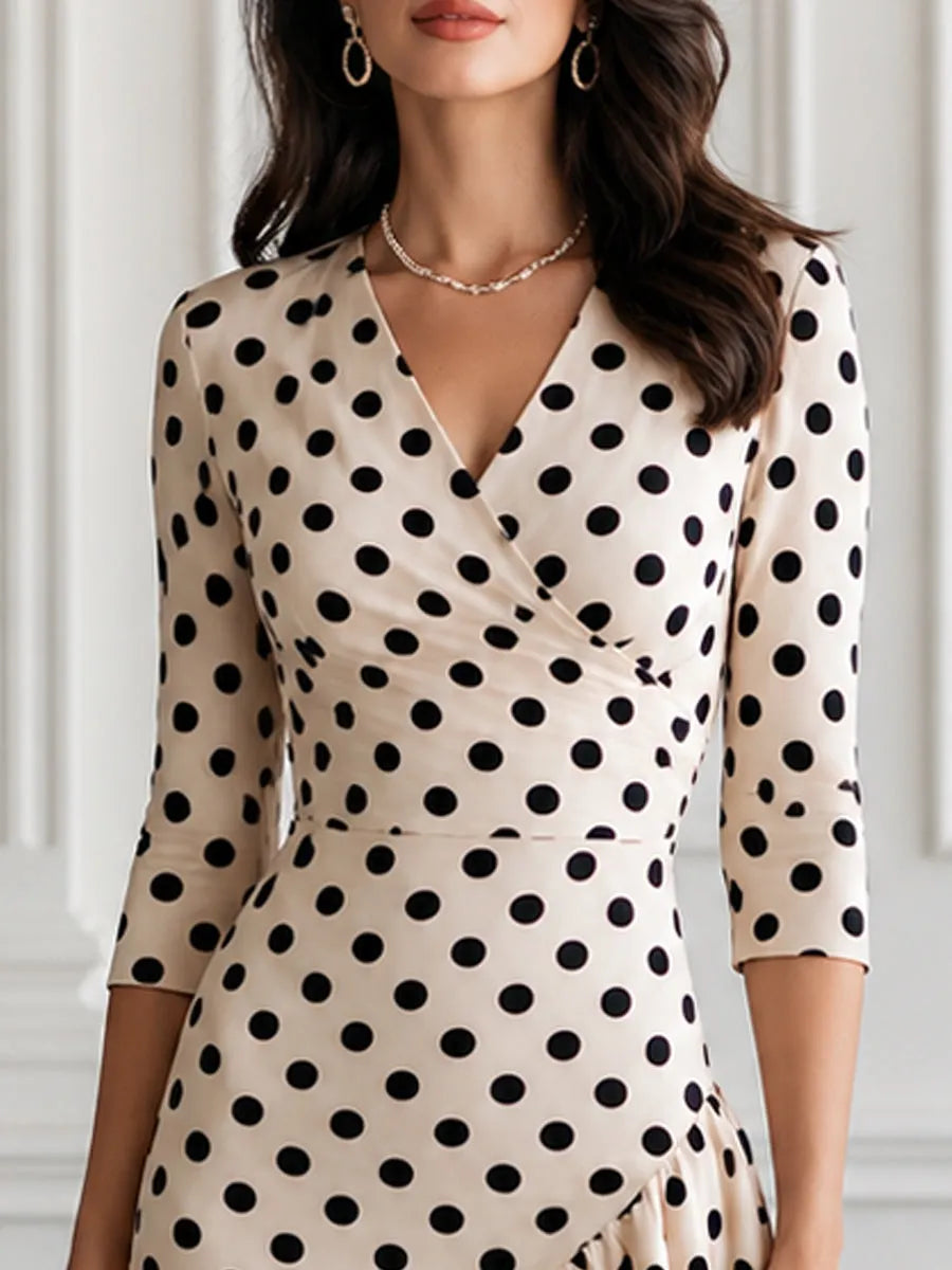 Polka Dot Wrap Asymmetrical Ruffle Midi Dress