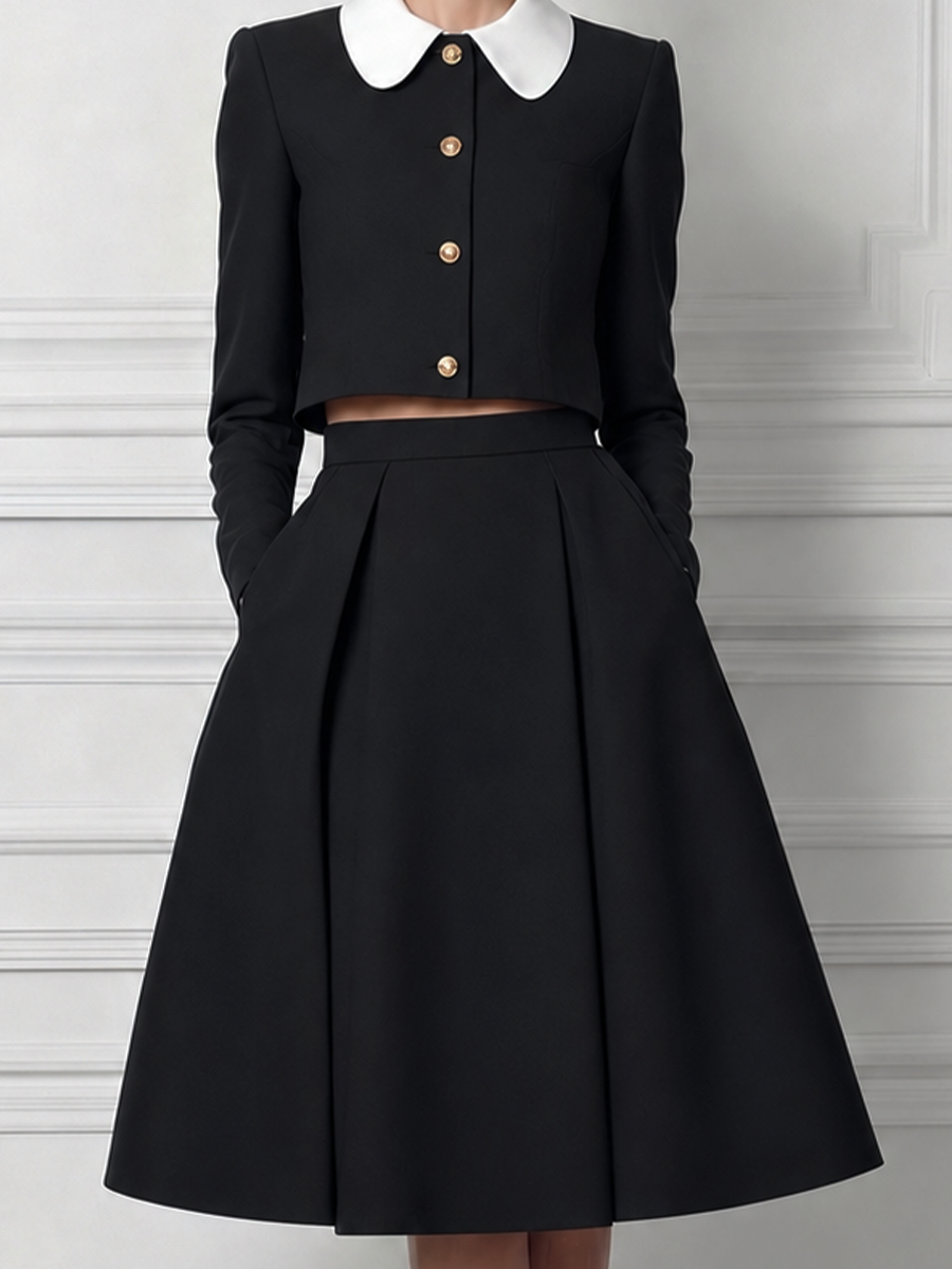 Black Contrast White Peter Pan Collar Cropped Jacket & High Waist A-Line Midi Skirt Two-Piece Set