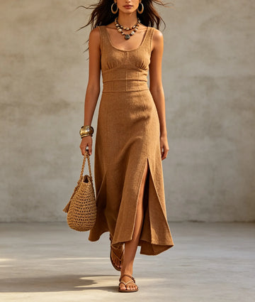 Women's Sleeveless Square Neck Midi Dress with Side Slit