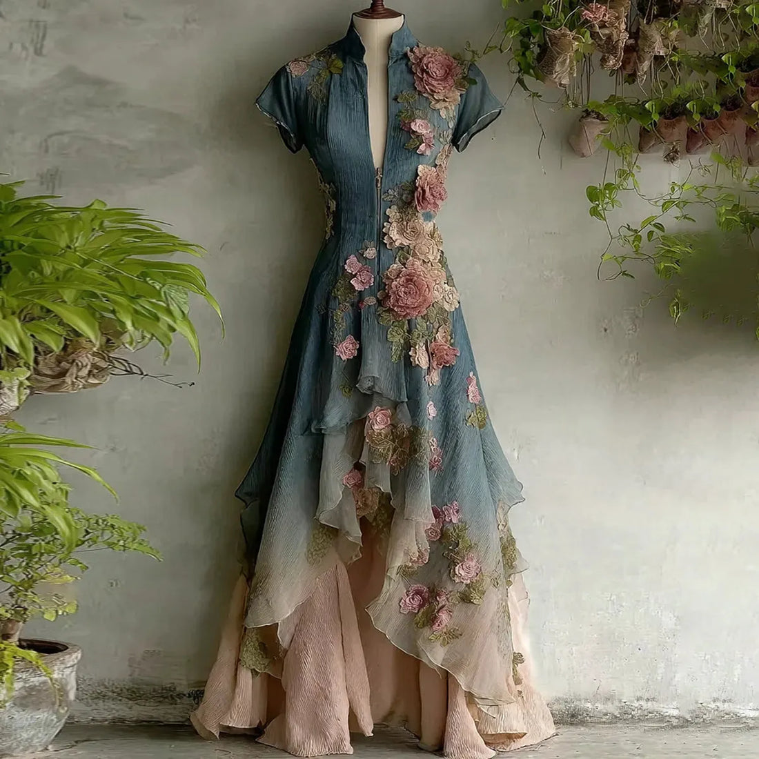 Women's Elegant Gradient Flowers Embroidery Irregular Ruffle Maxi Dress