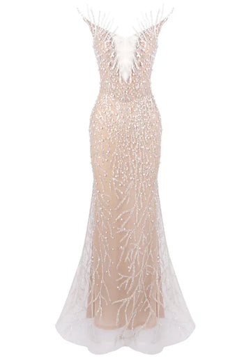 Strapless Crystal Pearl Sequin Maxi Dress Nude