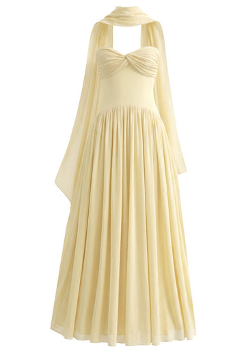 Strapless Scarf A Line Maxi Dress Yellow