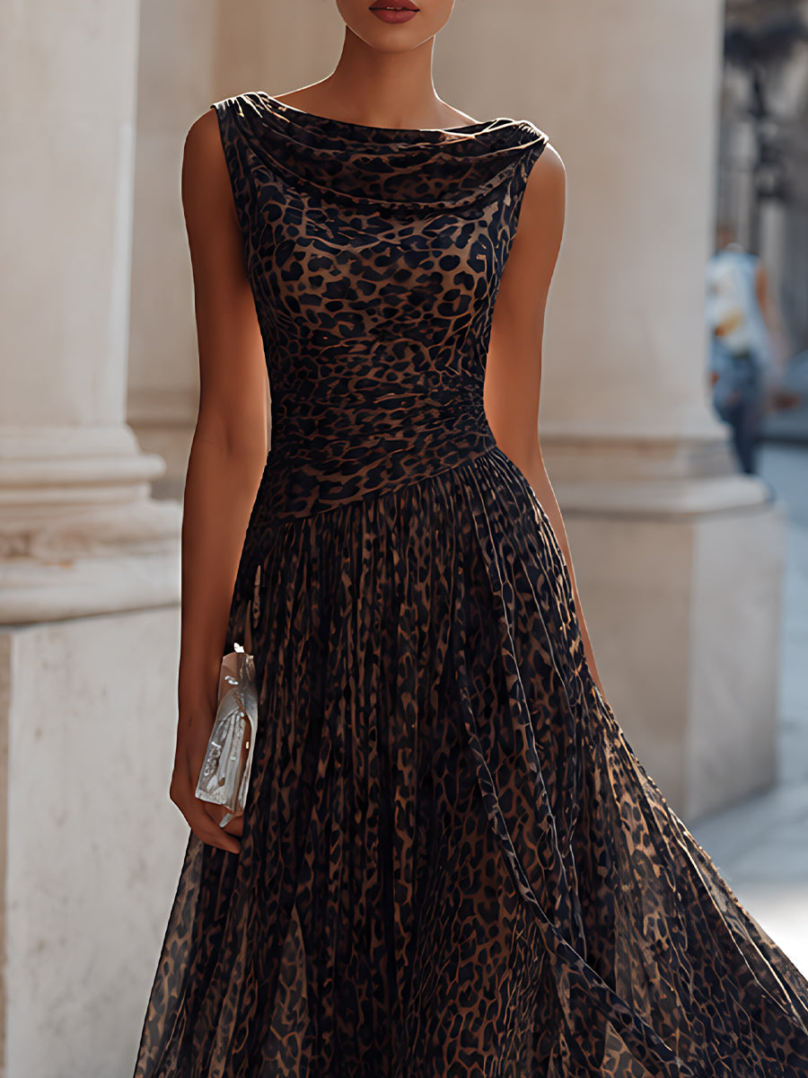 Leopard Print Draped Cowl Neck Sleeveless Pleated Midi Dress