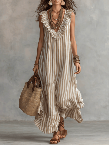 Relaxed Bohemian Ruffle-Trim Striped Maxi Dress