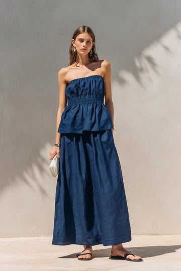 Women's Navy Blue Strapless Peplum Waist Tiered Maxi Dress