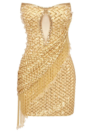 Strapless Sequin Tassel Dress Gold