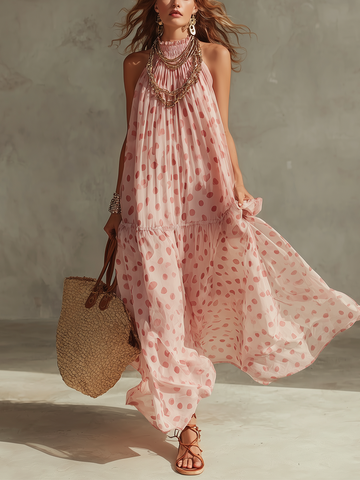 Resort Style Pink Polka Dot Halter Neck Flowy Maxi Dress