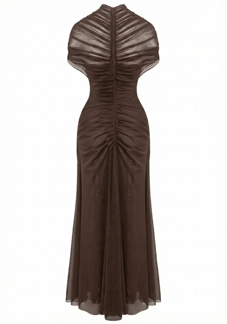 Draped Mesh Cut Out A Line Maxi Dress Brown
