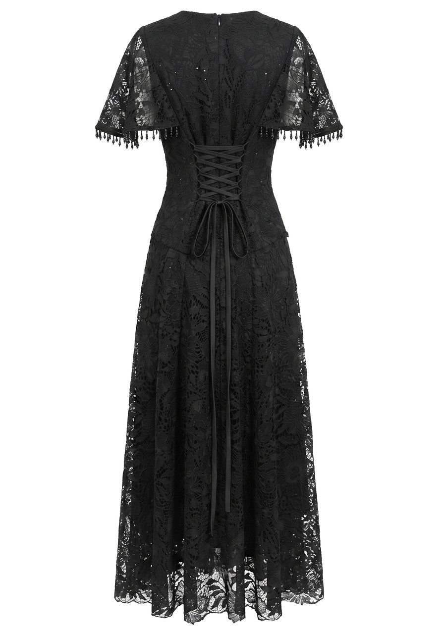Short Sleeve Corset A Line Crochet Maxi Dress Black