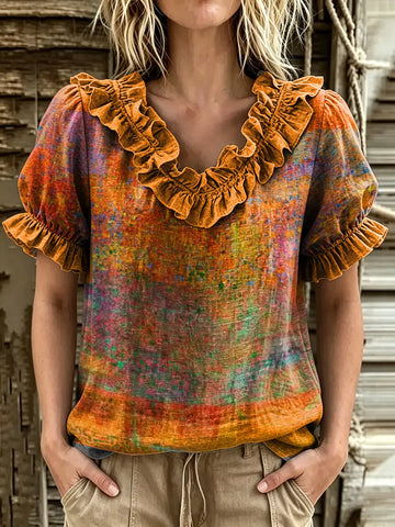 Women's Watercolor Tie-Dye Print Ruffle V-Neck Puff Sleeve Blouse