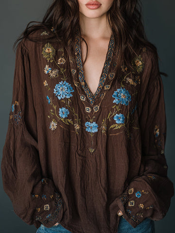 Women's Boho Floral Embroidered Art Print Flowy Linen Blend Casual Tops