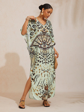 Vintage Leopard Jewelry Chiffon Dolman Sleeve Maxi Dress