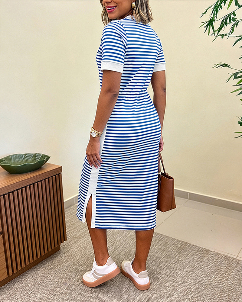 Women's Striped Colorblock Midi T-Shirt Dress Casual Crew Neck Waist-Cinching Slit Dress with Pockets