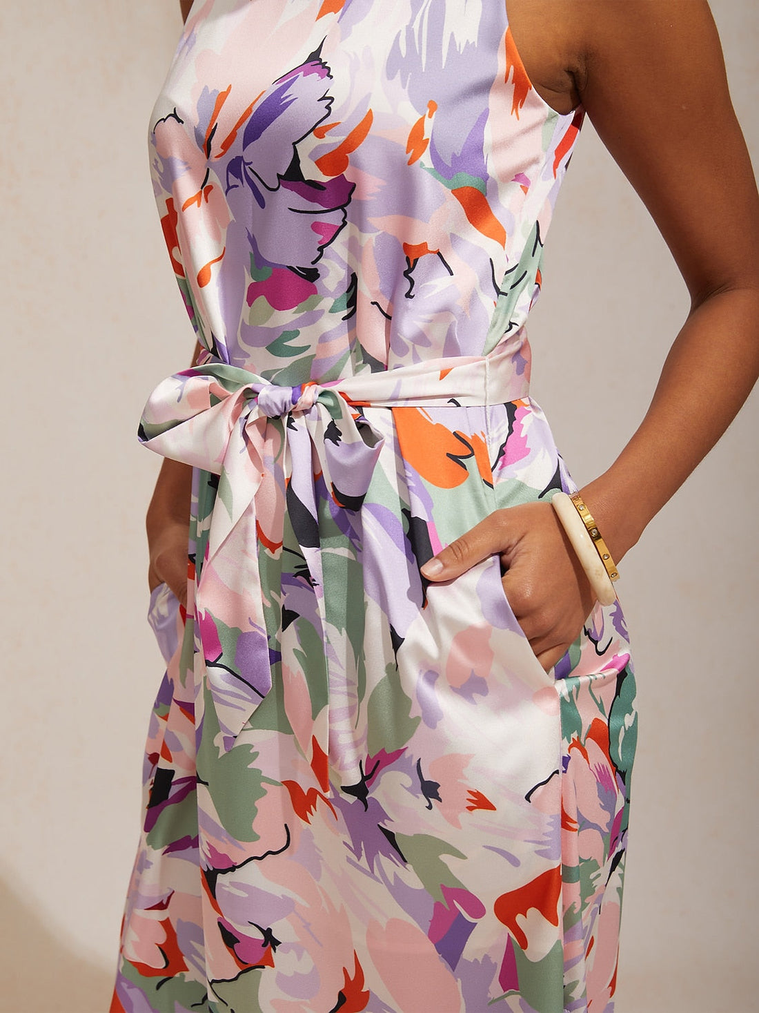 Spring Blooms Silky Ruched Pink Summer Maxi Dress