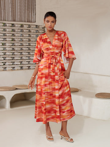 Shading Print V-Neck Maxi Dress