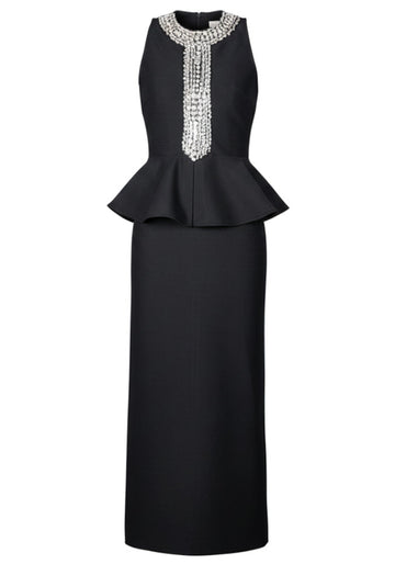 Crystal Embellished Peplum Maxi Dress Black