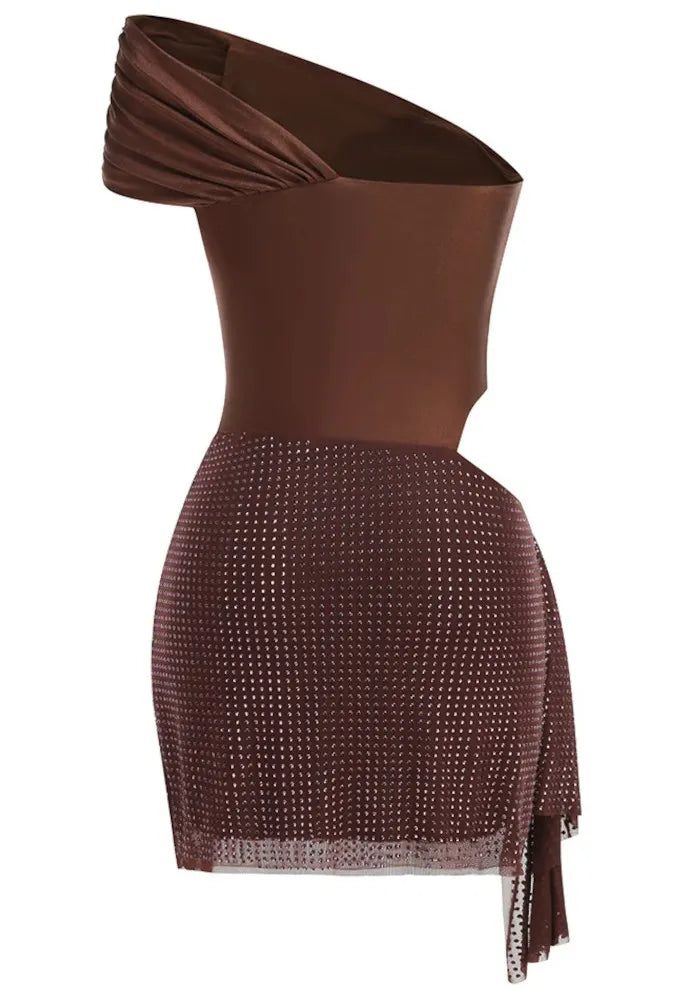 Draped Bardot Sparkly Dress Brown