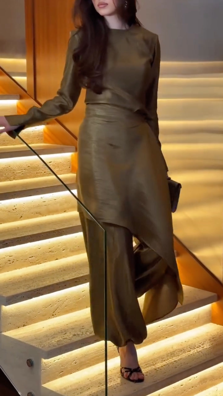 Satin High Neck Long Sleeve Top & Asymmetrical Overlay Balloon Pant Two Piece Set