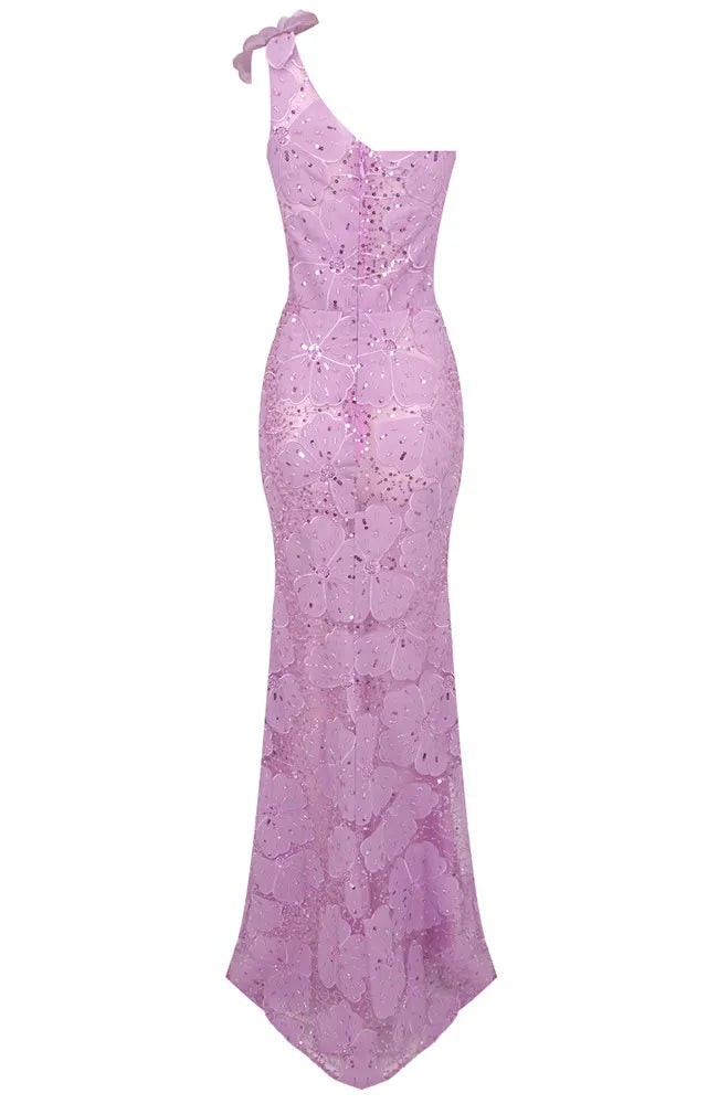 One Shoulder Floral Sequin Maxi Dress Lavender