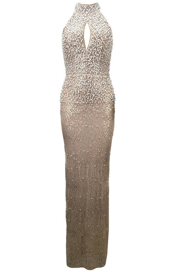 Halter Pearl Sequin Maxi Dress Light Brown