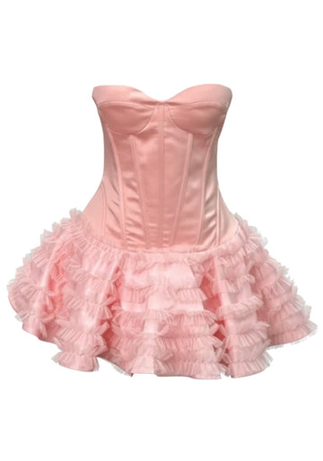 Strapless Ruffle Corset Skater Dress Pink