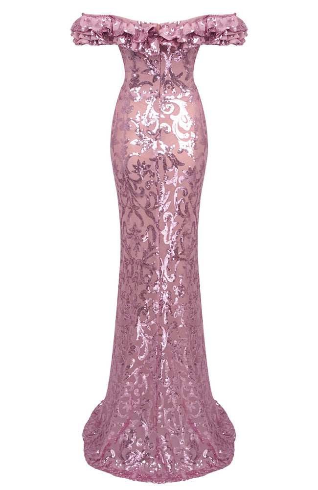 Ruffle Bardot Crystal Sequin Maxi Dress Pink