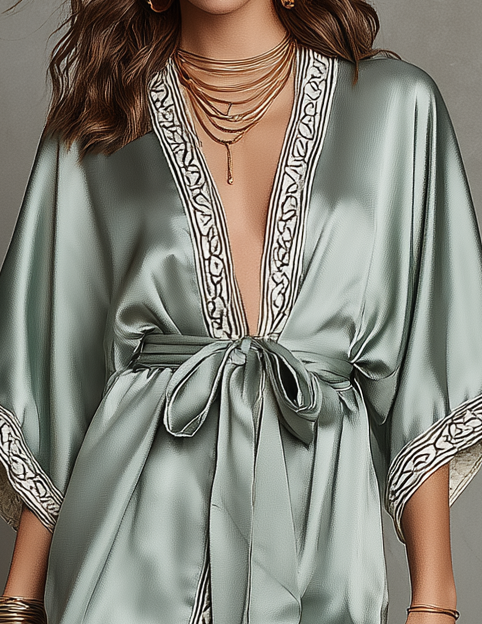 Opulent Sage Green Satin Embroidered Robe