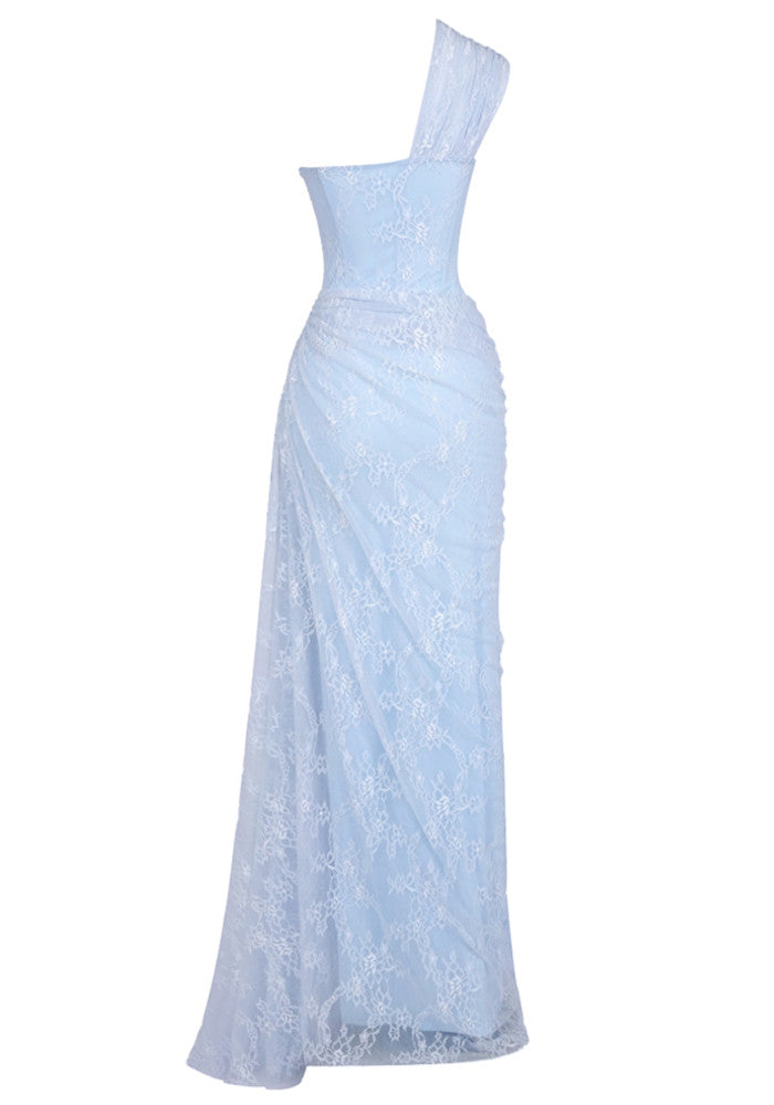 One Shoulder Draped Lace Maxi Dress Light Blue