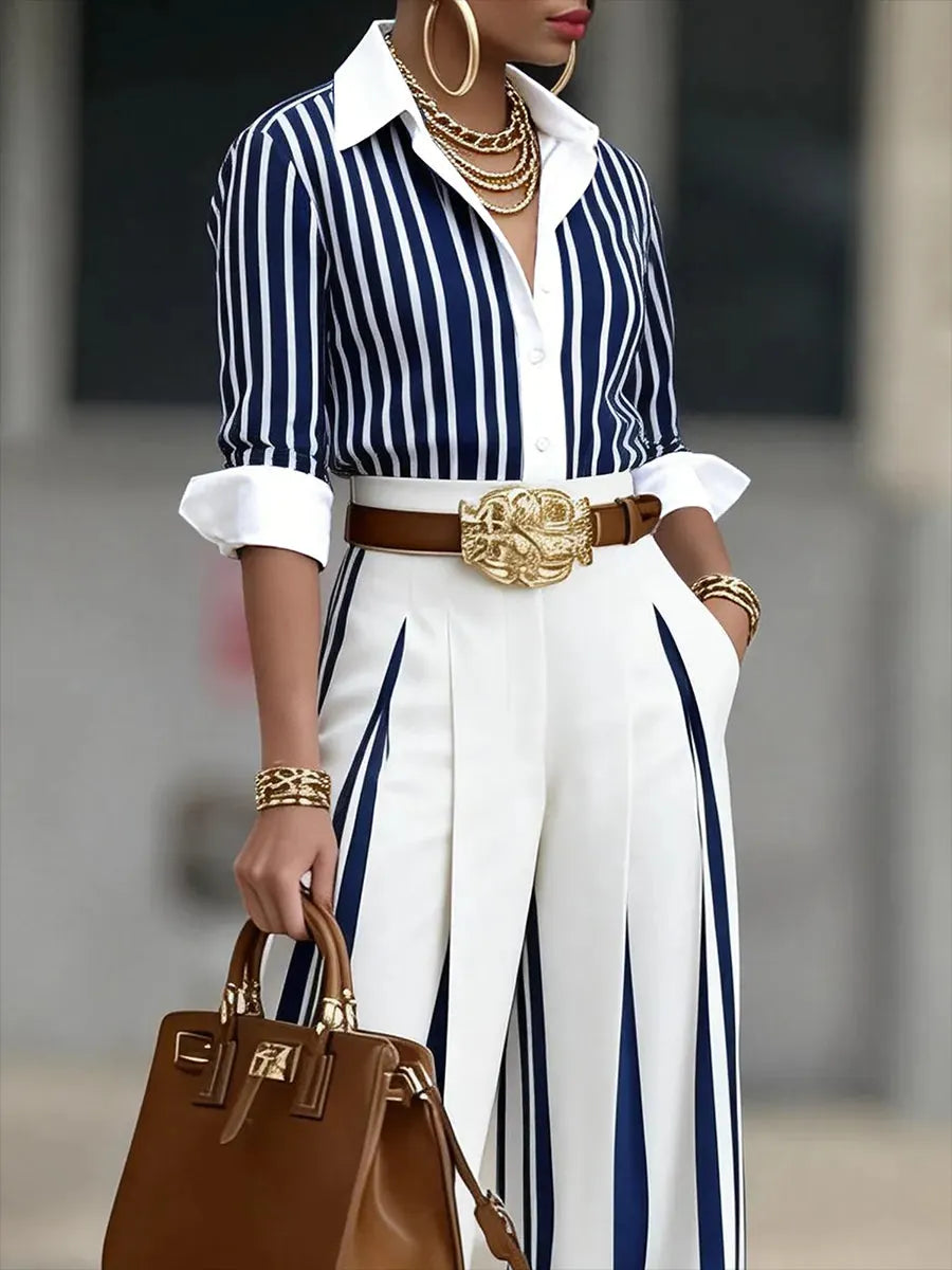Elegant Color-Block Striped Two-Piece Set(Includes a standard belt)