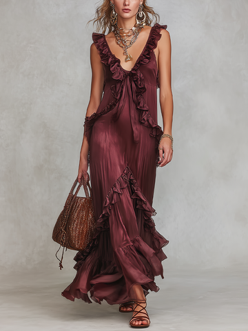 Bohemian Style Burgundy Glossy Ruffled Maxi Dress
