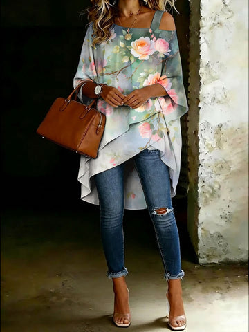 Women's Vintage Floral Cold Shoulder Asymmetrical Hem Blouse