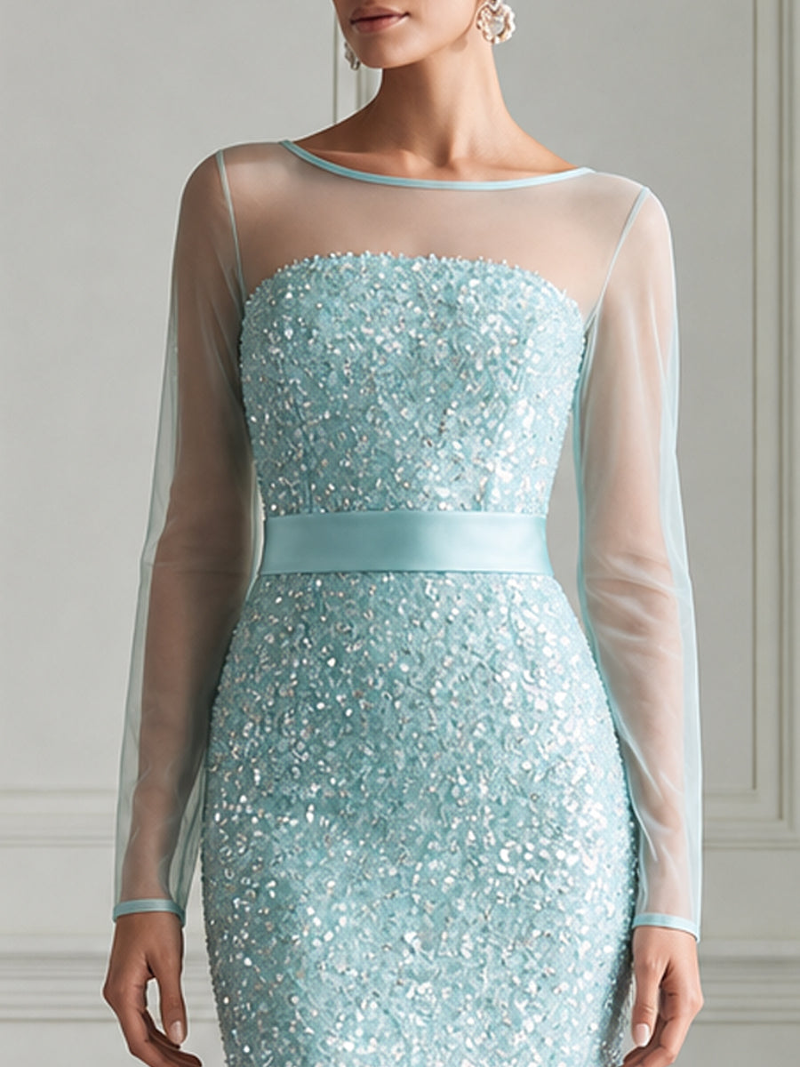 Light Ice Blue Illusion Sequin Mesh Bodycon Midi Dress