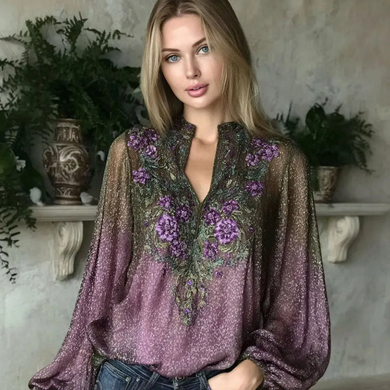 Women's Retro Exquisite Sparkling Floral Embroidery Cotton Linen Long-sleeve T-shirt