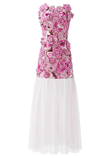 Strapless Floral A Line Maxi Dress Hot Pink