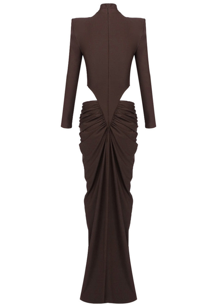 Long Sleeve Cut Out Draped Maxi Dress Brown