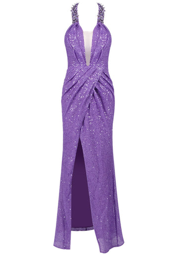 Halter Sequin Maxi Dress Purple