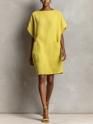 Women’s Lime Yellow Linen-Blend Batwing Sleeve Patch Pocket Shift Dress MDZ2671C3T