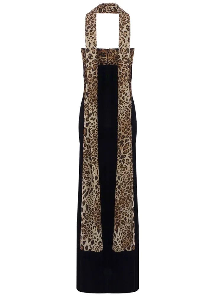 Strapless Animal Print Bustier Maxi Velvet Dress Black