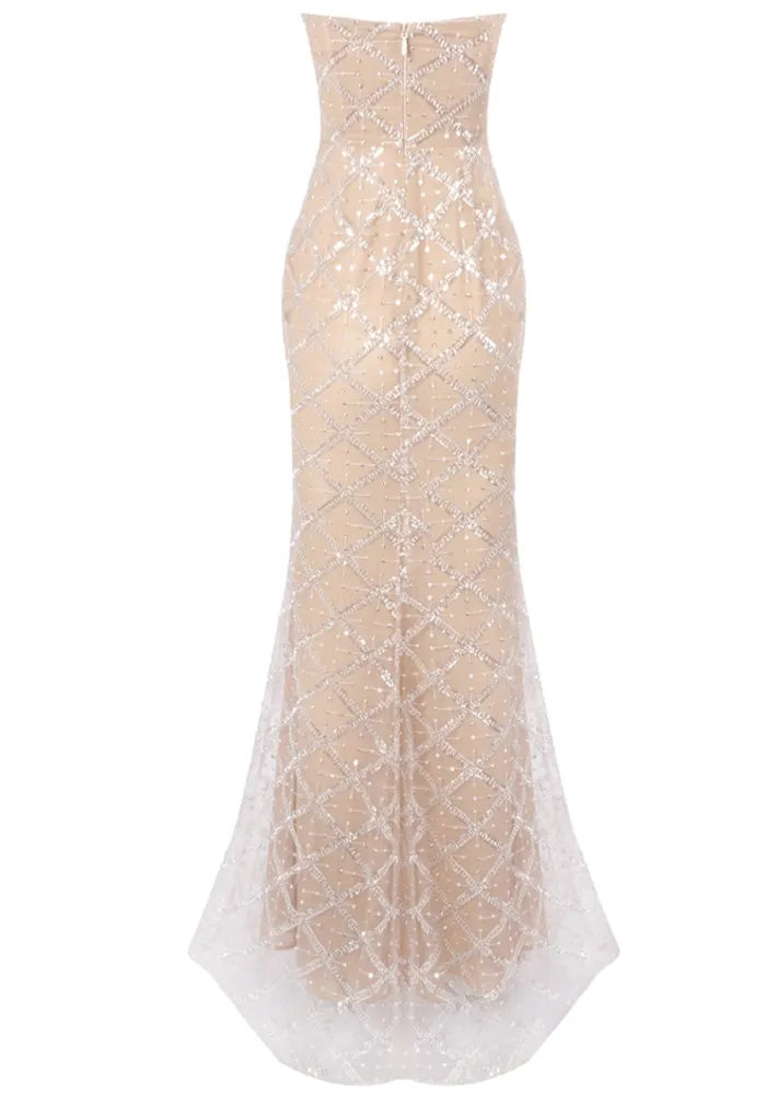 Strapless Crystal Sequin Bustier Maxi Dress Nude