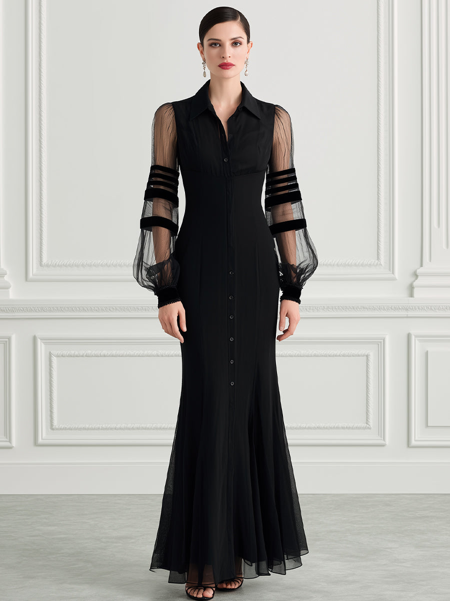 Collared Sheer Striped Mesh Puff Sleeve Fishtail Mermaid Maxi Dress