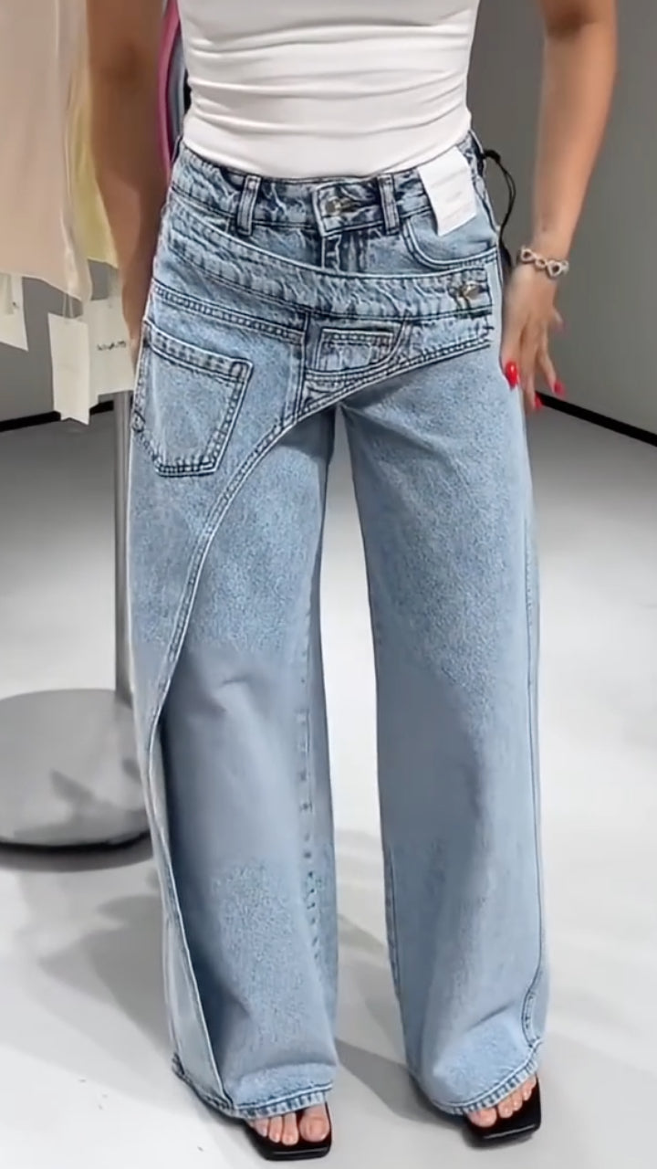 Women's Faux Two-Piece Design Casual Jeans