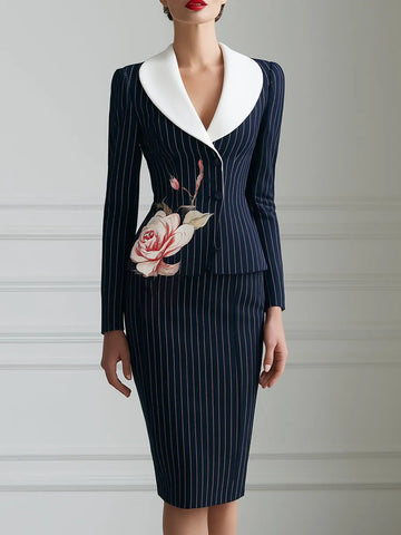 Contrast Collar Floral Pinstripe Blazer And Pencil Skirt Set