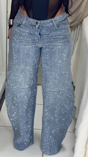 Over Rhinestone Wide Leg Cargo Denim Jeans